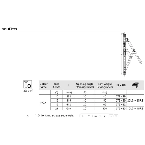 Schueco Heavy Duty Projected Side Window Friction HingeStainless 24" -610 mm-1 Pair L/R-276488 - Image 3